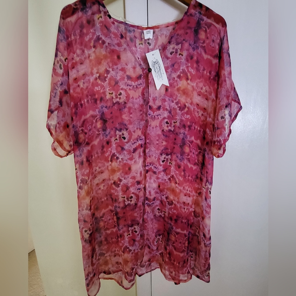 NWT Club Cruise Pink/Purple Floral Sheer Open Cinch Cover-Up Sz OS